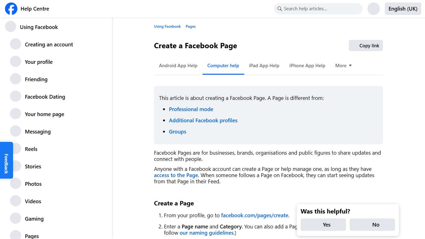 Create a Facebook Page Facebook Help Centre