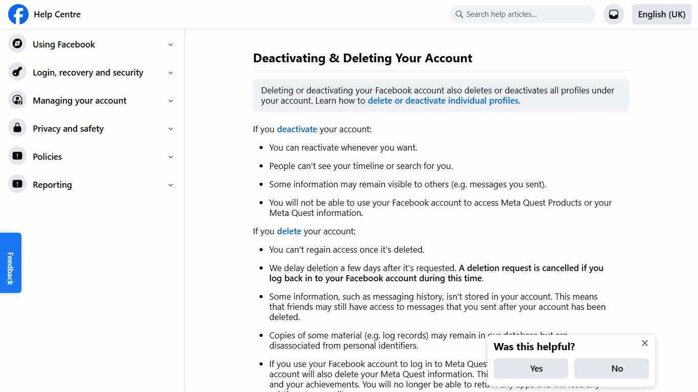 Deactivating & Deleting Your Account Facebook Help Centre